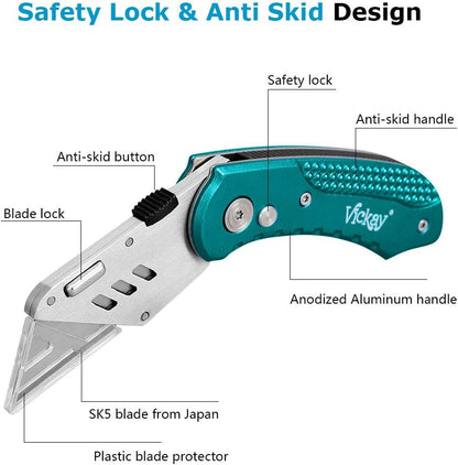 Folding Utility Knife, Box Cutter with 5 SK5 Quick Change Blades, Safety Axis Lock Design Razor Knife, Lightweight Aluminum Handle Belt Clip for Office Home Artcraft （Light Purple)
