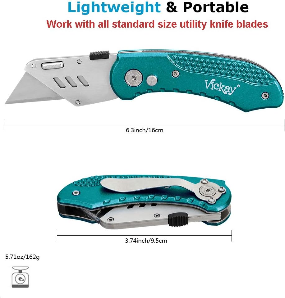 Folding Utility Knife, Box Cutter with 5 SK5 Quick Change Blades, Safety Axis Lock Design Razor Knife, Lightweight Aluminum Handle Belt Clip for Office Home Artcraft （Light Purple)