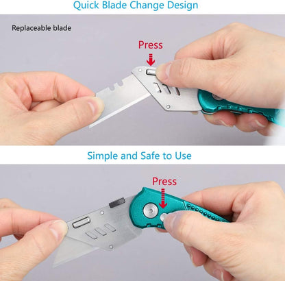Folding Utility Knife, Box Cutter with 5 SK5 Quick Change Blades, Safety Axis Lock Design Razor Knife, Lightweight Aluminum Handle Belt Clip for Office Home Artcraft （Light Purple)