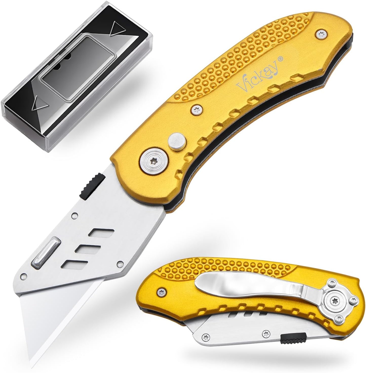 Folding Utility Knife, Box Cutter with 5 SK5 Quick Change Blades, Safety Axis Lock Design Razor Knife, Lightweight Aluminum Handle Belt Clip for Office Home Artcraft （Light Purple)