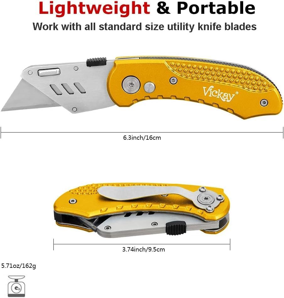 Folding Utility Knife, Box Cutter with 5 SK5 Quick Change Blades, Safety Axis Lock Design Razor Knife, Lightweight Aluminum Handle Belt Clip for Office Home Artcraft （Light Purple)
