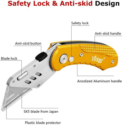 Folding Utility Knife, Box Cutter with 5 SK5 Quick Change Blades, Safety Axis Lock Design Razor Knife, Lightweight Aluminum Handle Belt Clip for Office Home Artcraft （Light Purple)