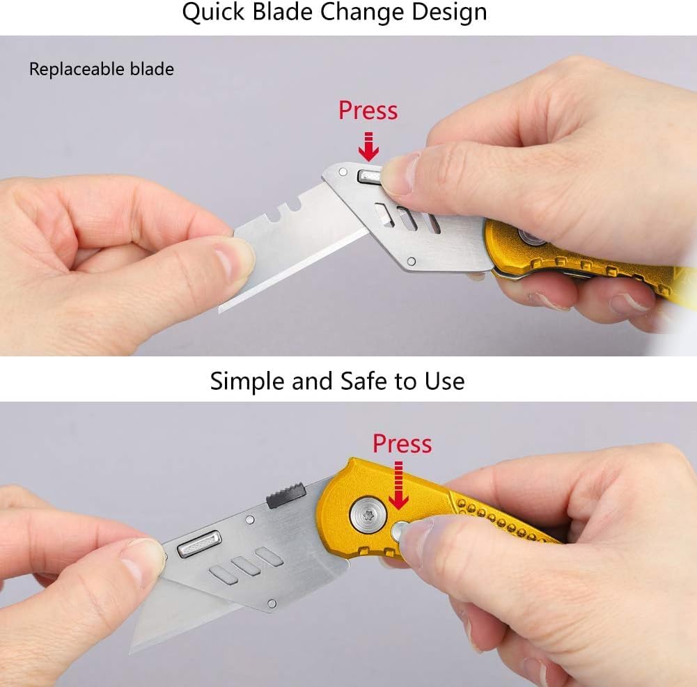 Folding Utility Knife, Box Cutter with 5 SK5 Quick Change Blades, Safety Axis Lock Design Razor Knife, Lightweight Aluminum Handle Belt Clip for Office Home Artcraft （Light Purple)
