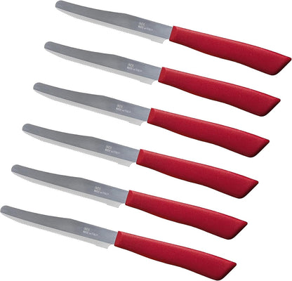 6 kitchen Knives - 4.3"/11cm Italian Stainless Steel Serrated Vegetable/Steak/Table Knife Cutlery, Rounded Tip (Red)