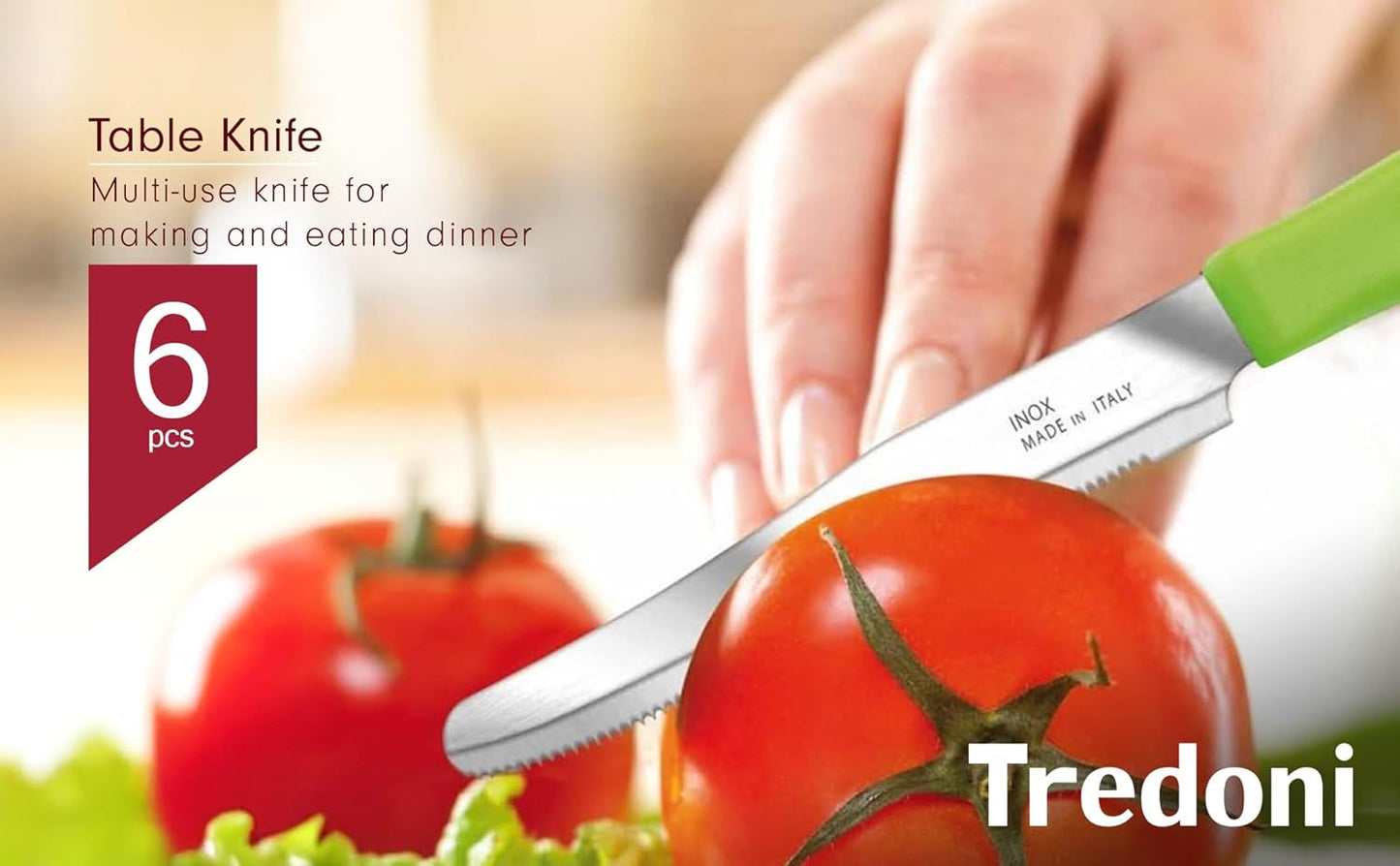 6 kitchen Knives - 4.3"/11cm Italian Stainless Steel Serrated Vegetable/Steak/Table Knife Cutlery, Rounded Tip (Red)