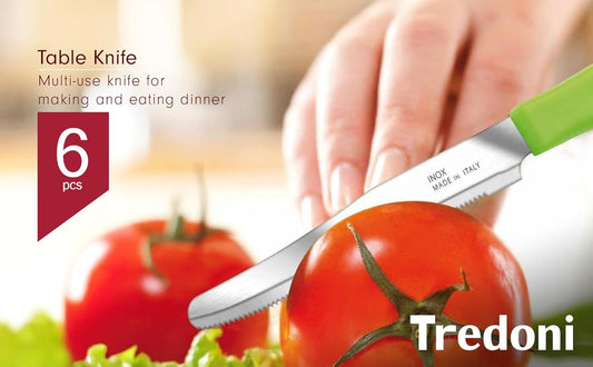 6 kitchen Knives - 4.3"/11cm Italian Stainless Steel Serrated Vegetable/Steak/Table Knife Cutlery, Rounded Tip (Red)