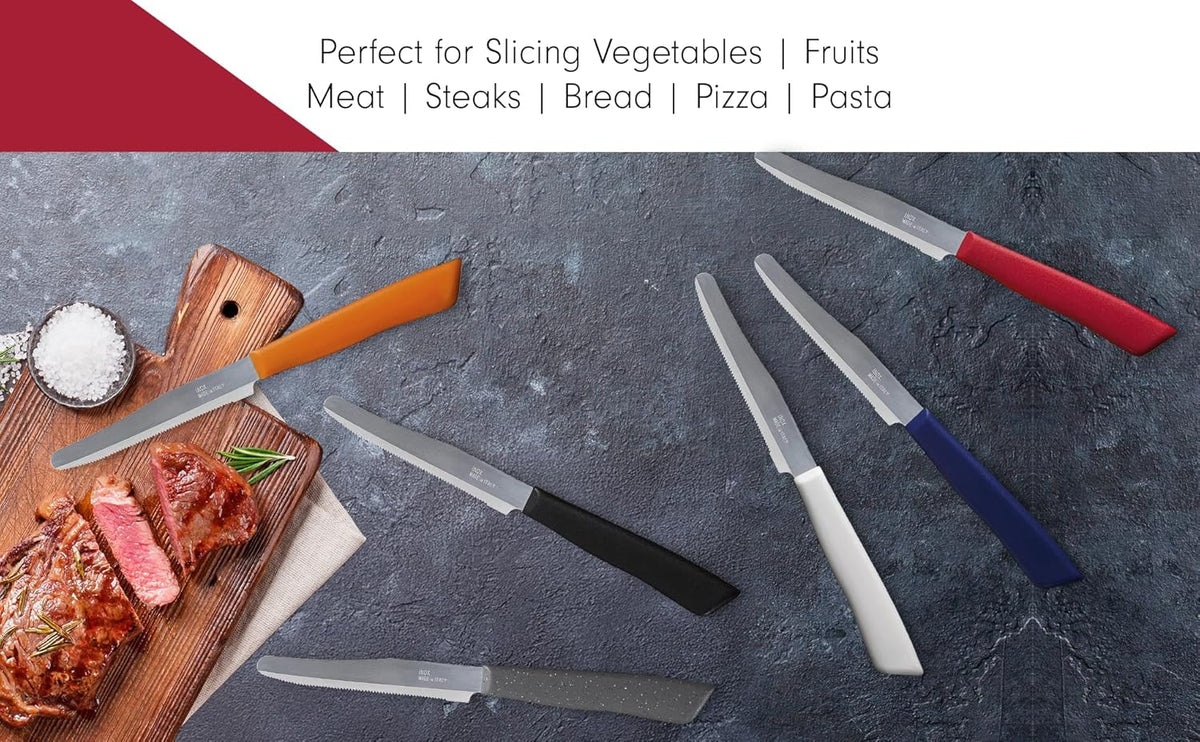 6 kitchen Knives - 4.3"/11cm Italian Stainless Steel Serrated Vegetable/Steak/Table Knife Cutlery, Rounded Tip (Red)