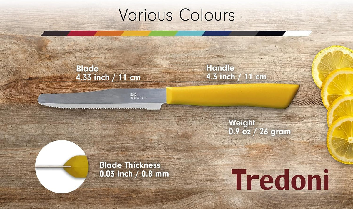 6 kitchen Knives - 4.3"/11cm Italian Stainless Steel Serrated Vegetable/Steak/Table Knife Cutlery, Rounded Tip (Red)