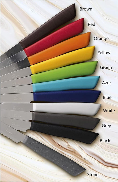 6 kitchen Knives - 4.3"/11cm Italian Stainless Steel Serrated Vegetable/Steak/Table Knife Cutlery, Rounded Tip (Red)