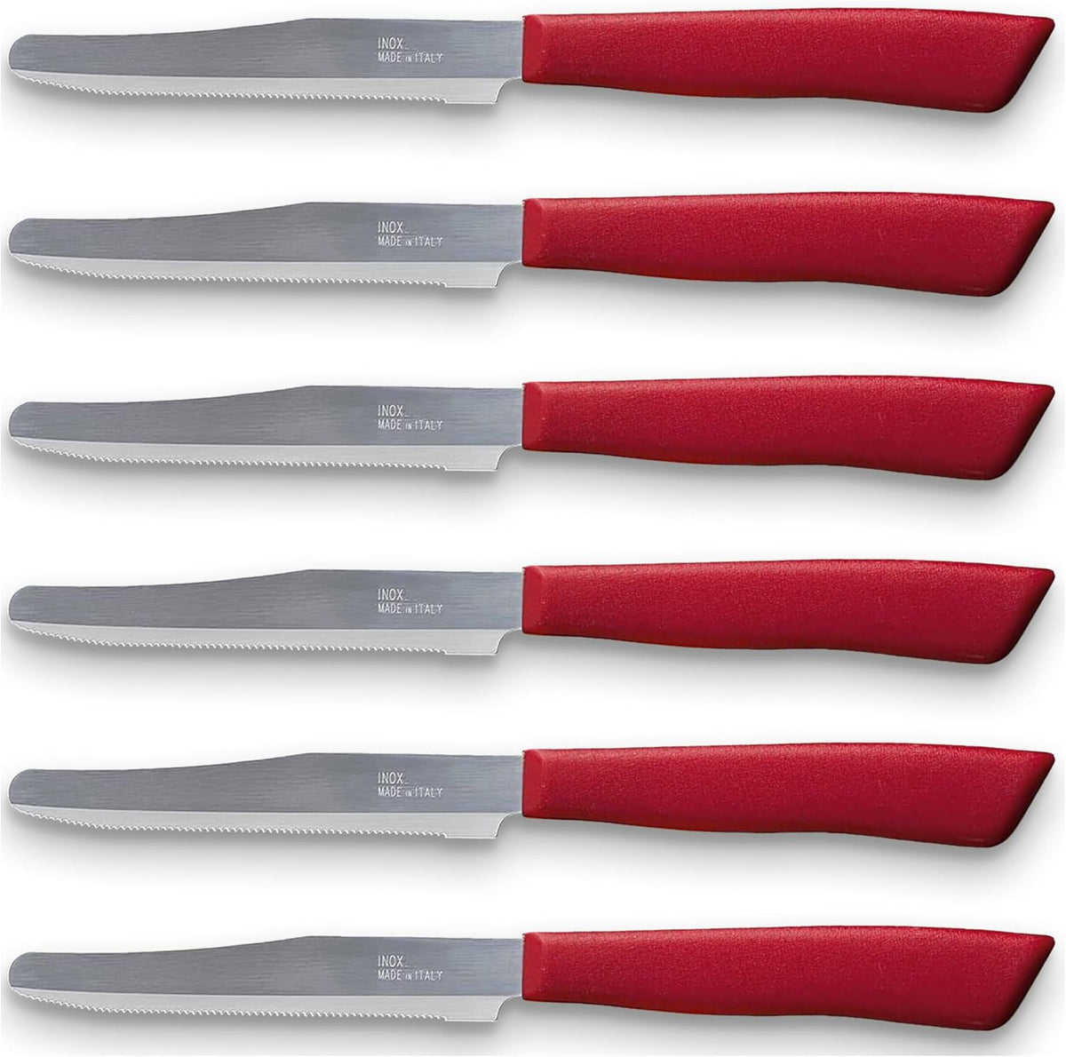 6 kitchen Knives - 4.3"/11cm Italian Stainless Steel Serrated Vegetable/Steak/Table Knife Cutlery, Rounded Tip (Red)