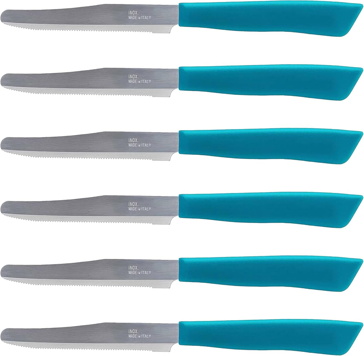 6 kitchen Knives - 4.3"/11cm Italian Stainless Steel Serrated Vegetable/Steak/Table Knife Cutlery, Rounded Tip (Red)