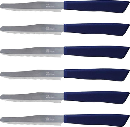 6 kitchen Knives - 4.3"/11cm Italian Stainless Steel Serrated Vegetable/Steak/Table Knife Cutlery, Rounded Tip (Red)
