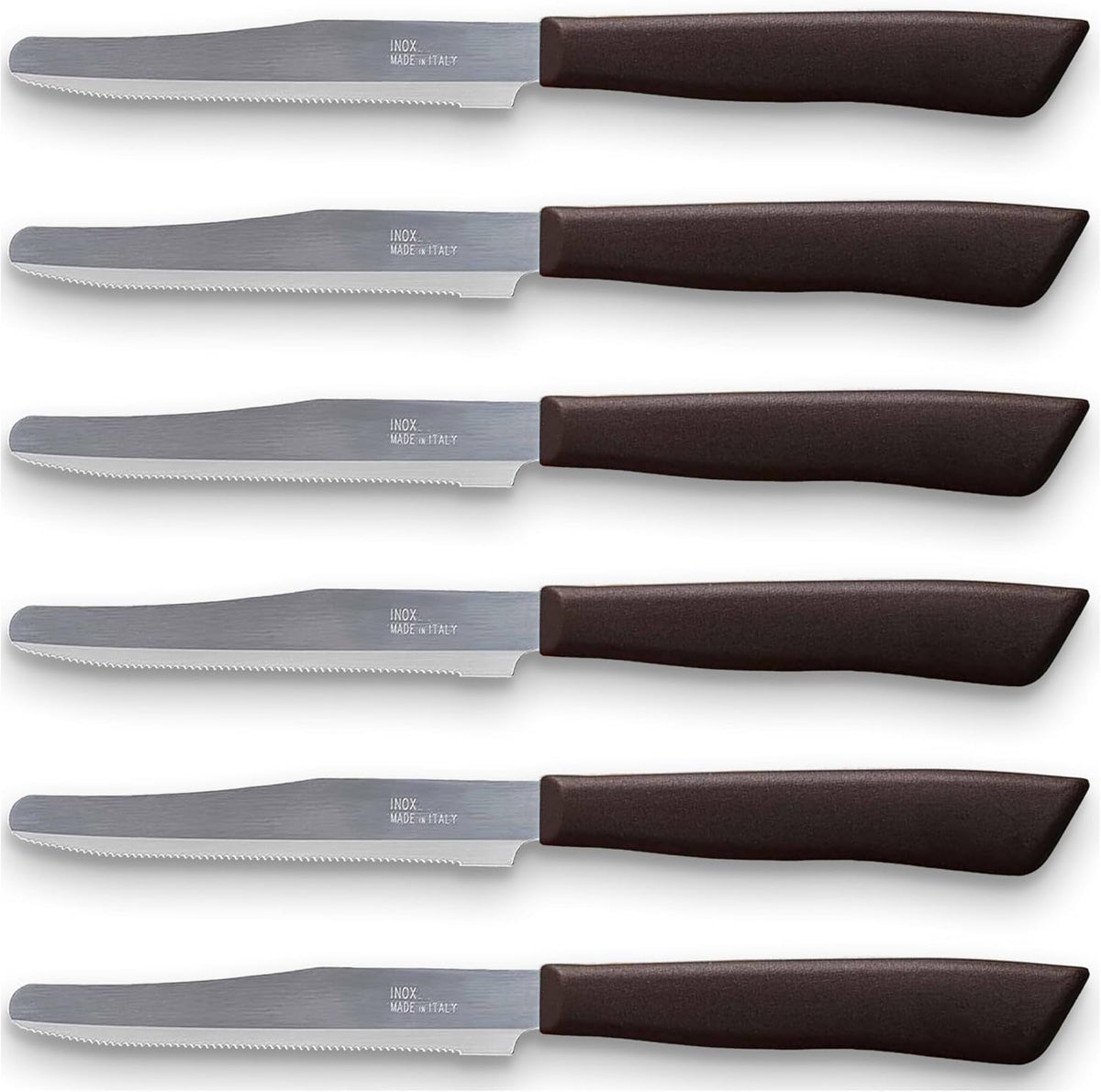 6 kitchen Knives - 4.3"/11cm Italian Stainless Steel Serrated Vegetable/Steak/Table Knife Cutlery, Rounded Tip (Red)