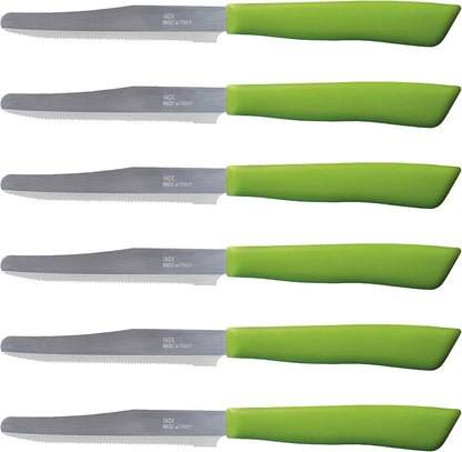 6 kitchen Knives - 4.3"/11cm Italian Stainless Steel Serrated Vegetable/Steak/Table Knife Cutlery, Rounded Tip (Red)