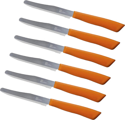 6 kitchen Knives - 4.3"/11cm Italian Stainless Steel Serrated Vegetable/Steak/Table Knife Cutlery, Rounded Tip (Red)