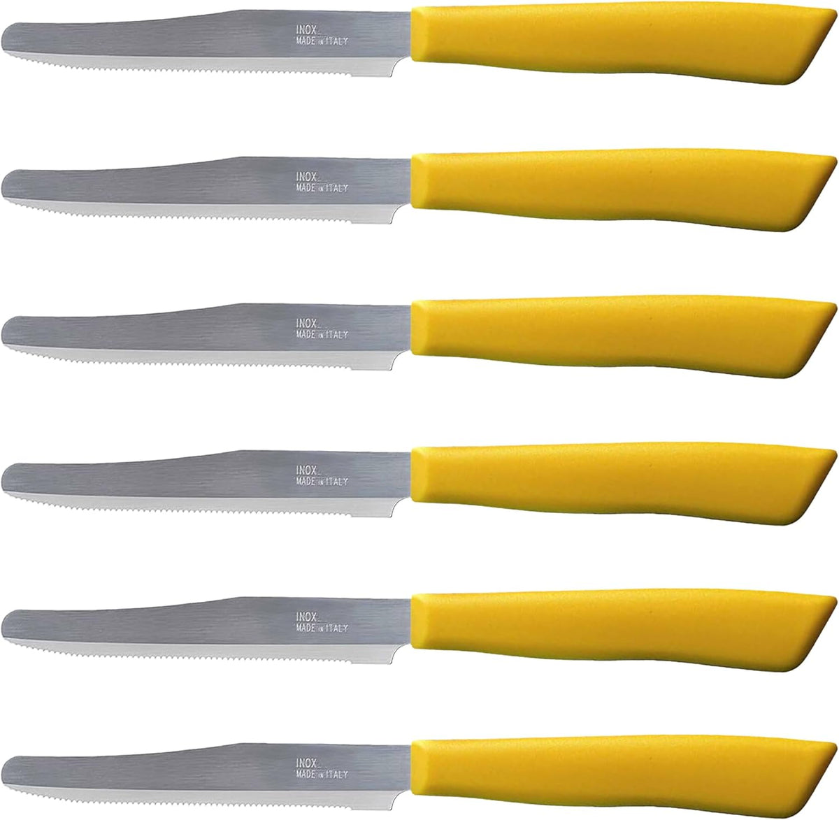 6 kitchen Knives - 4.3"/11cm Italian Stainless Steel Serrated Vegetable/Steak/Table Knife Cutlery, Rounded Tip (Red)