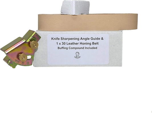 Knife Sharpening Angle Guide and 1" x 30" Leather Honing Belt with Compound