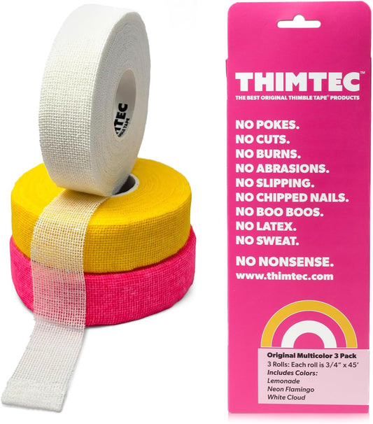 The Original Thimble Tape for Hand Sewing - Fully Adjustable Nail & Finger Protector - A Smarter Alternative to Classic Knitting Thimbles - Multicolor, 3-Pack