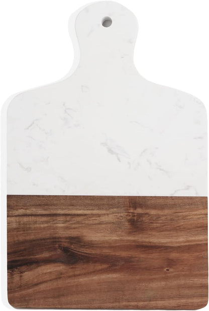 Cutting Board with Marble and Natural Wood,Serving Board for Steak Fruits with Handle,Chopping Board for Bread as Serving Trays (White)