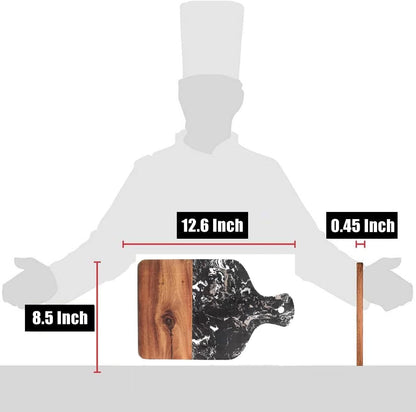 Cutting Board with Marble and Natural Wood,Serving Board for Steak Fruits with Handle,Chopping Board for Bread as Serving Trays (White)