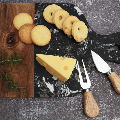 Cutting Board with Marble and Natural Wood,Serving Board for Steak Fruits with Handle,Chopping Board for Bread as Serving Trays (White)