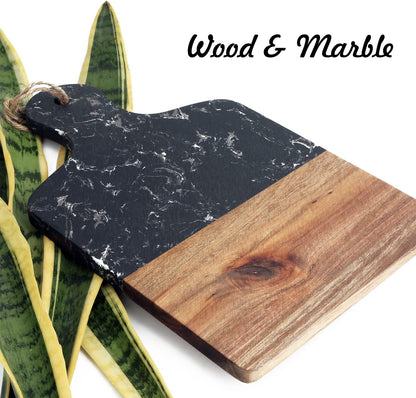 Cutting Board with Marble and Natural Wood,Serving Board for Steak Fruits with Handle,Chopping Board for Bread as Serving Trays (White)
