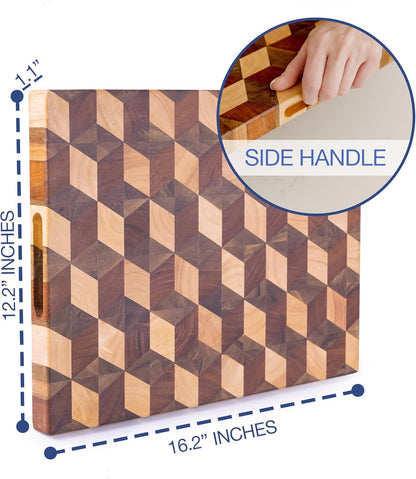 Handcrafted 3-D Checkered Acacia Wood Cutting Board - Reversible End Grain Large Butcher Block Cutting Board Serving Tray for Prep & Presentation - Multipurpose Wooden Charcuterie Board with Handles