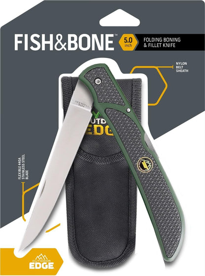 Fish & Bone - Folding Fillet Knife with 5.0" 440A Stainless Steel Blade for Fish and Processing Big Game - Pocket Clip