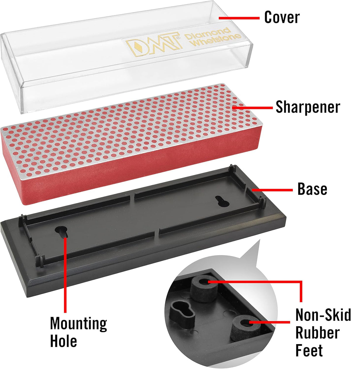 DMT (Diamond Machining Technology) 6-inch Diamond Whetstone Sharpening Stone with Plastic Case - Fine, W6FP, Red