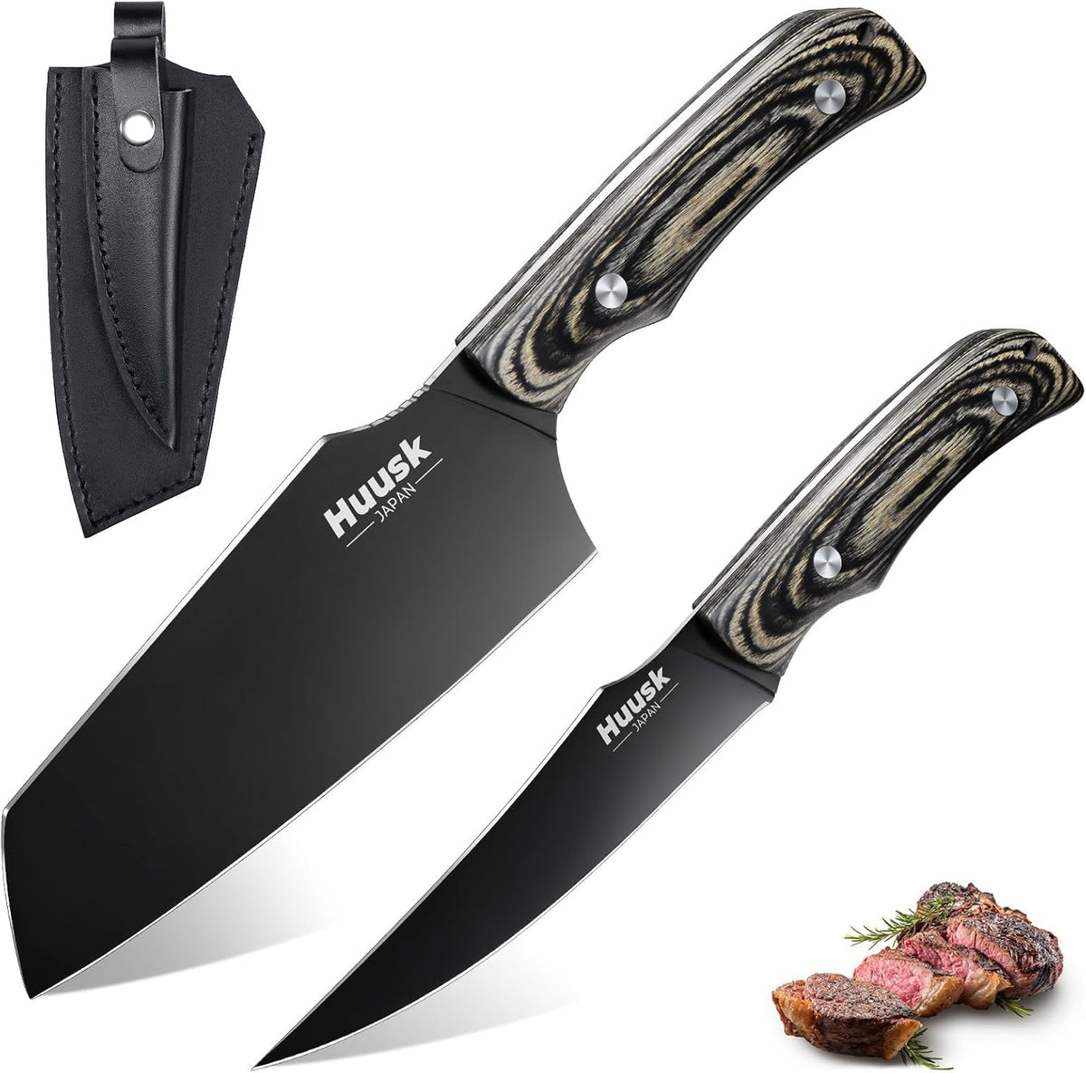 Huusk Butcher Knife Set 2PC - Meat Cleaver & Boning Knife, 2-in-1 Sheath