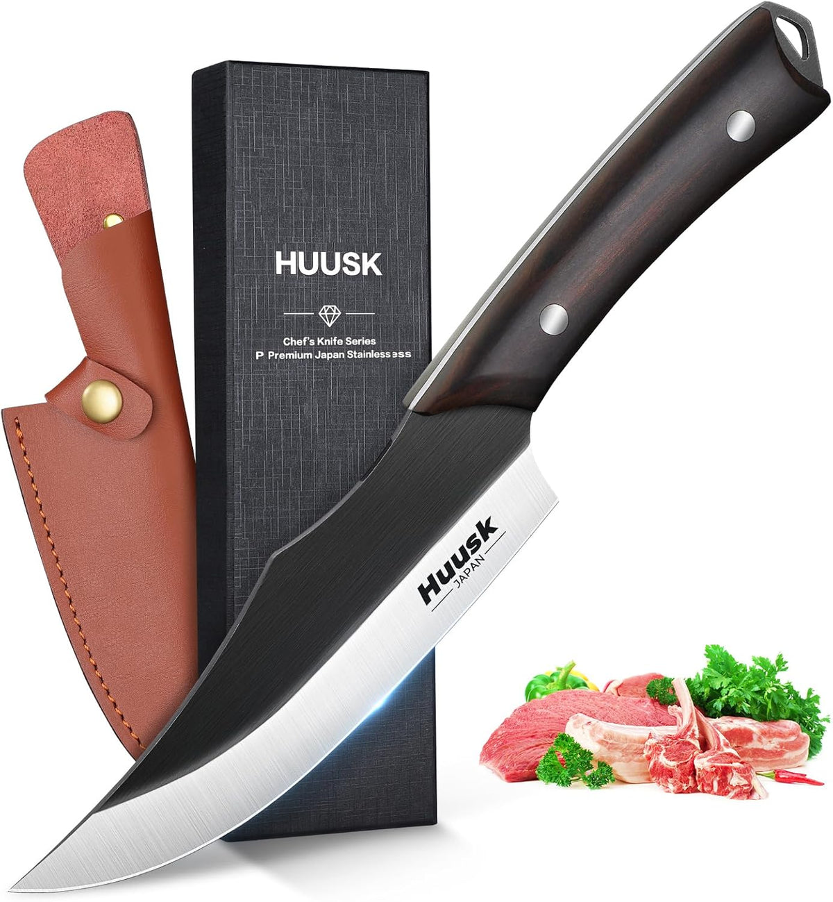 Huusk Butcher Knife Set 2PC - Meat Cleaver & Boning Knife, 2-in-1 Sheath