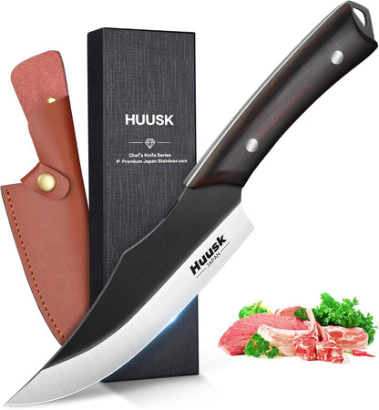 Huusk Butcher Knife Set 2PC - Meat Cleaver & Boning Knife, 2-in-1 Sheath