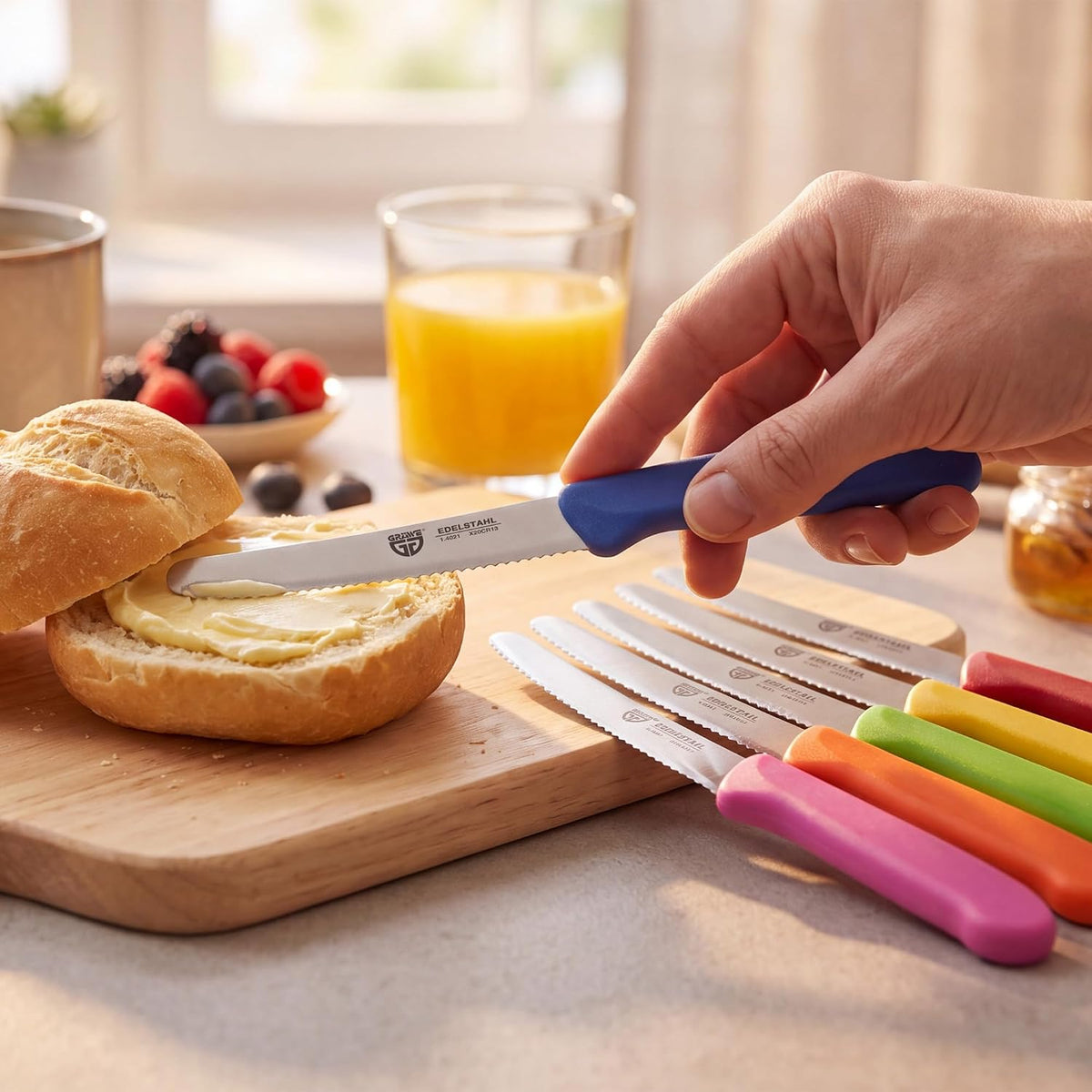 table knife 6 pieces, knife set for cutting, pack of 6 bread knives, breakfast knife with serrated edge on one side, knife 8.3 inch - Colorful