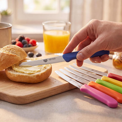 table knife 6 pieces, knife set for cutting, pack of 6 bread knives, breakfast knife with serrated edge on one side, knife 8.3 inch - Colorful