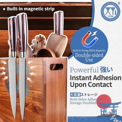 Extra Large Magnetic Knife Block Acacia Wood Knife Set Holder Stand With Stronge Magnetic Strip Kitchen Knives Storage Rack Organizer Tools No Drilling