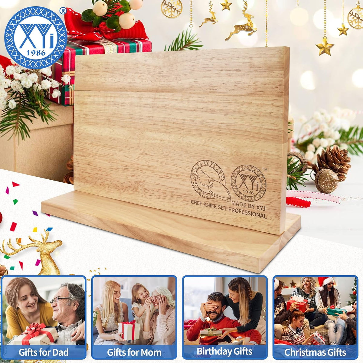 Extra Large Magnetic Knife Block Acacia Wood Knife Set Holder Stand With Stronge Magnetic Strip Kitchen Knives Storage Rack Organizer Tools No Drilling