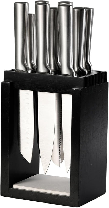 Universal Wood Knife Block Natural Acacia Wood Knife Holder for Kitchen Counter Large Capacity Slotted Storage for Chef Knives Space-Saving Modern Design Non-Slip Base Black