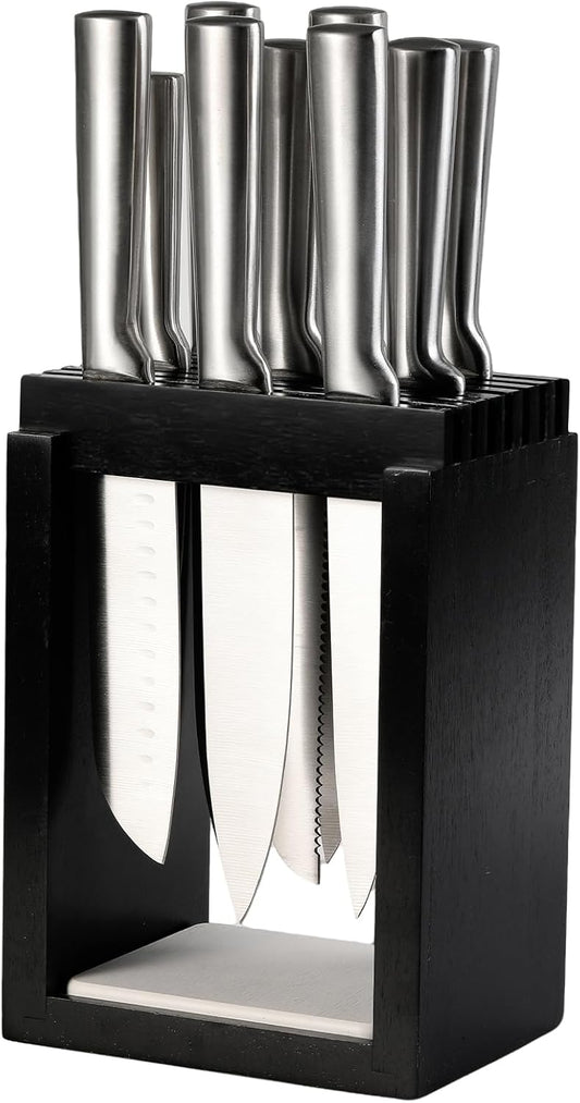 Universal Wood Knife Block Natural Acacia Wood Knife Holder for Kitchen Counter Large Capacity Slotted Storage for Chef Knives Space-Saving Modern Design Non-Slip Base Black