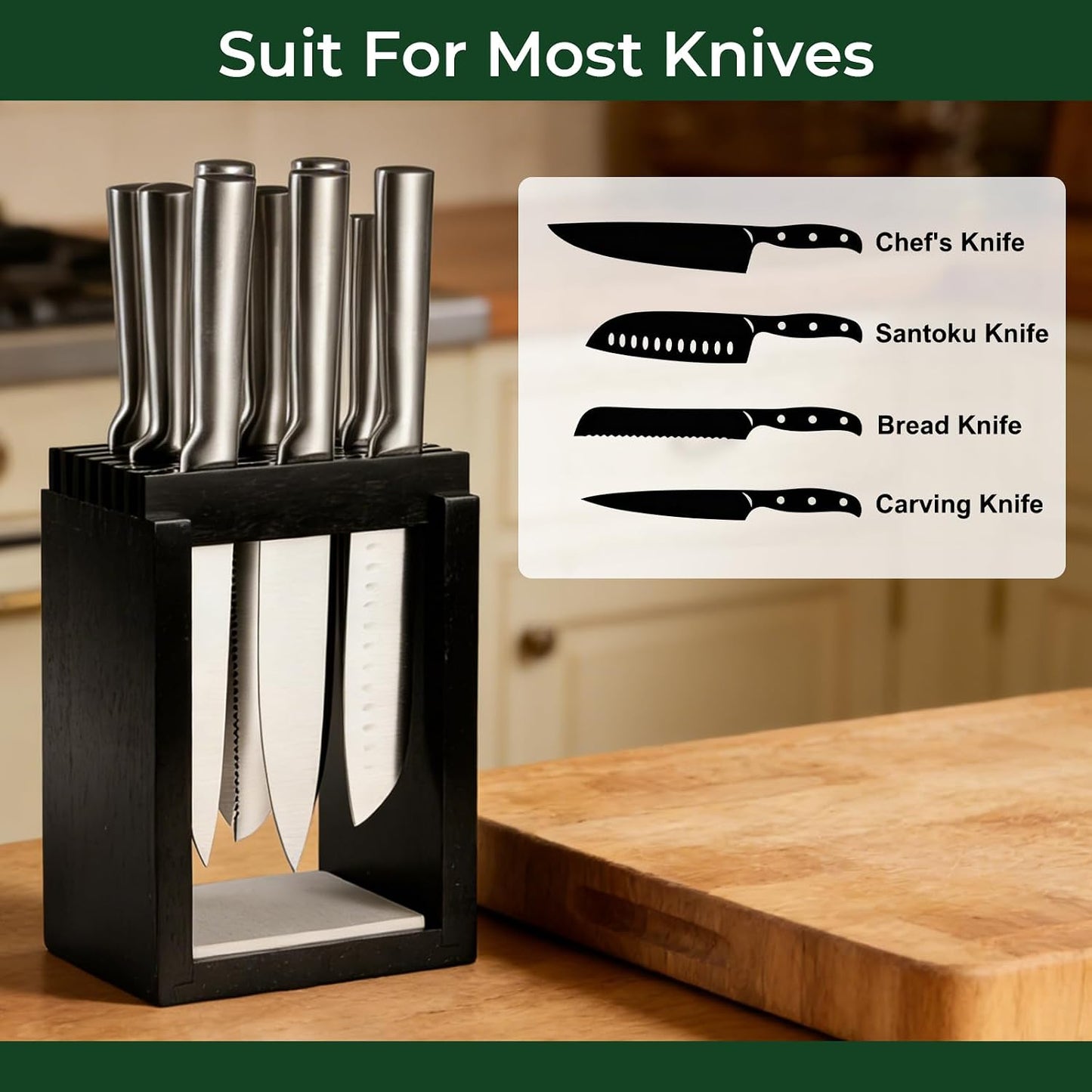 Universal Wood Knife Block Natural Acacia Wood Knife Holder for Kitchen Counter Large Capacity Slotted Storage for Chef Knives Space-Saving Modern Design Non-Slip Base Black