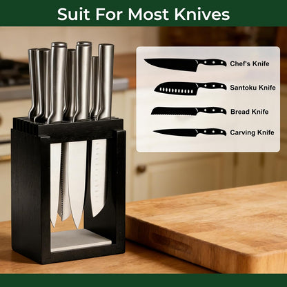 Universal Wood Knife Block Natural Acacia Wood Knife Holder for Kitchen Counter Large Capacity Slotted Storage for Chef Knives Space-Saving Modern Design Non-Slip Base Black