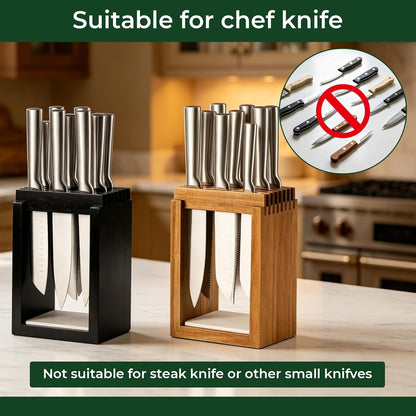 Universal Wood Knife Block Natural Acacia Wood Knife Holder for Kitchen Counter Large Capacity Slotted Storage for Chef Knives Space-Saving Modern Design Non-Slip Base Black
