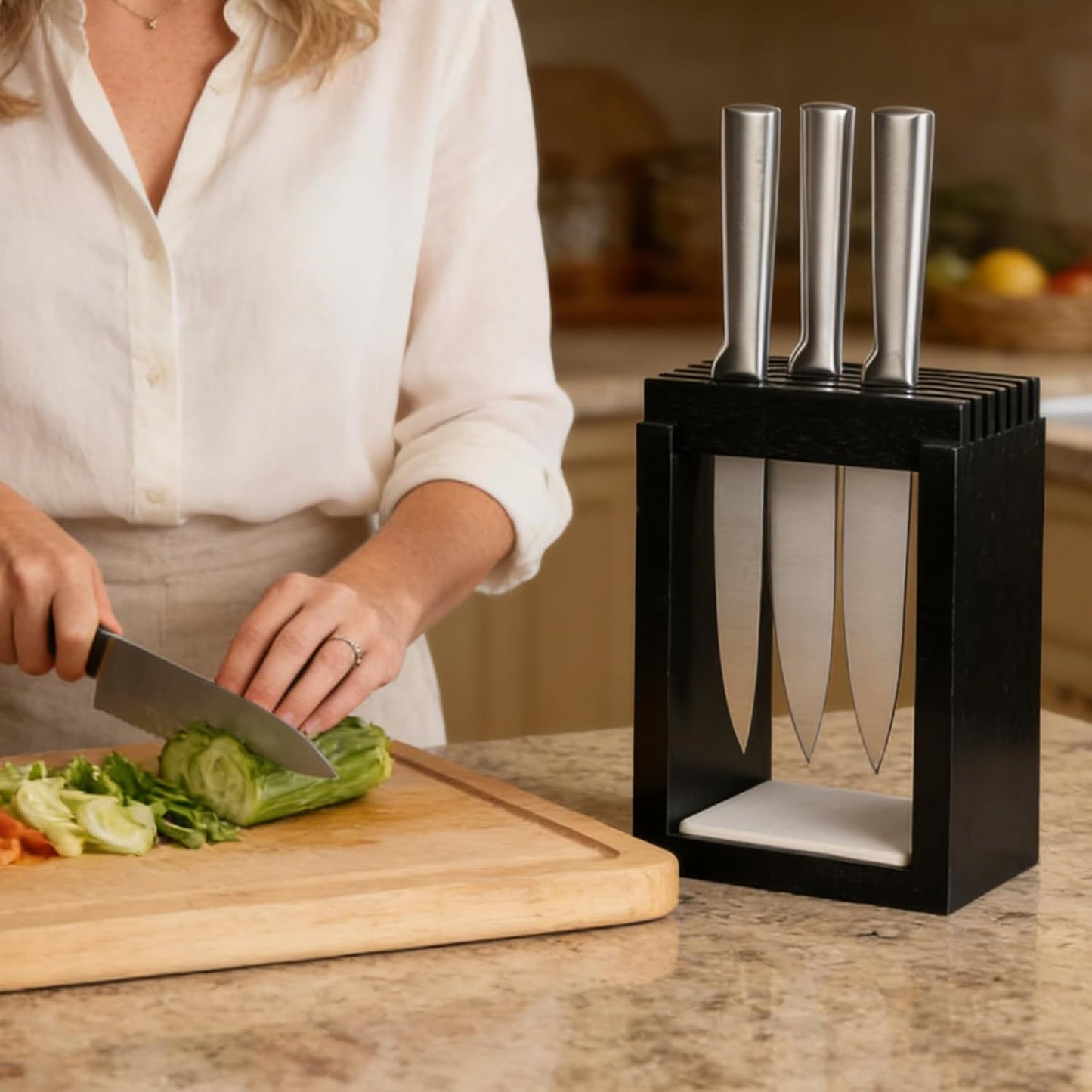 Universal Wood Knife Block Natural Acacia Wood Knife Holder for Kitchen Counter Large Capacity Slotted Storage for Chef Knives Space-Saving Modern Design Non-Slip Base Black