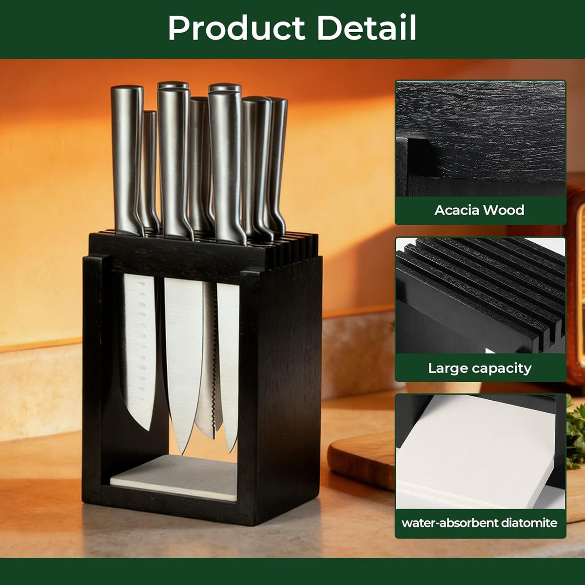 Universal Wood Knife Block Natural Acacia Wood Knife Holder for Kitchen Counter Large Capacity Slotted Storage for Chef Knives Space-Saving Modern Design Non-Slip Base Black