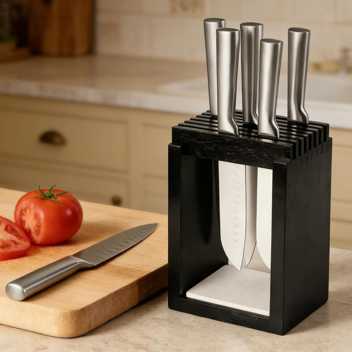 Universal Wood Knife Block Natural Acacia Wood Knife Holder for Kitchen Counter Large Capacity Slotted Storage for Chef Knives Space-Saving Modern Design Non-Slip Base Black