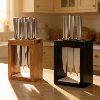 Universal Wood Knife Block Natural Acacia Wood Knife Holder for Kitchen Counter Large Capacity Slotted Storage for Chef Knives Space-Saving Modern Design Non-Slip Base Black