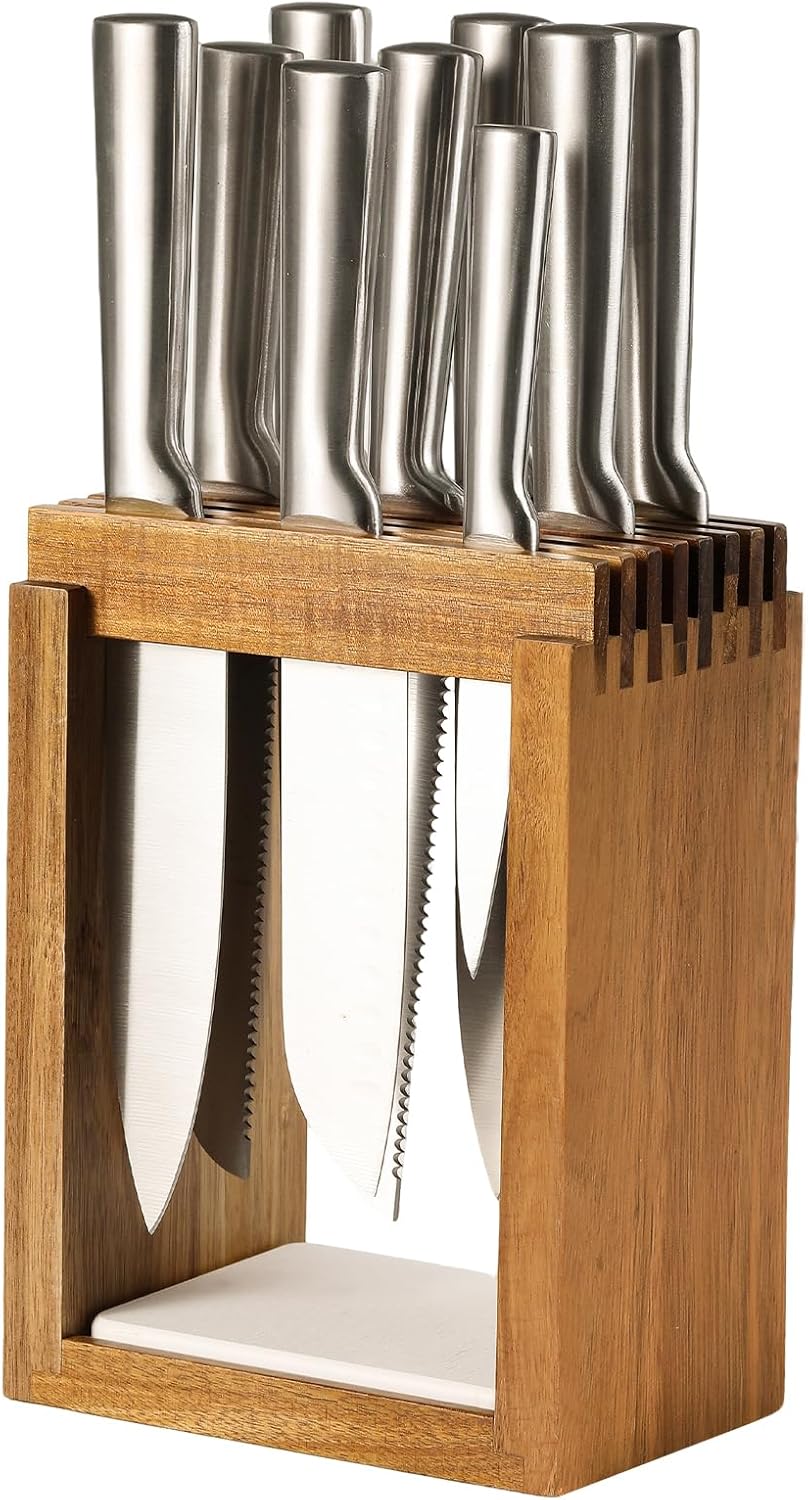 Universal Wood Knife Block Natural Acacia Wood Knife Holder for Kitchen Counter Large Capacity Slotted Storage for Chef Knives Space-Saving Modern Design Non-Slip Base Black