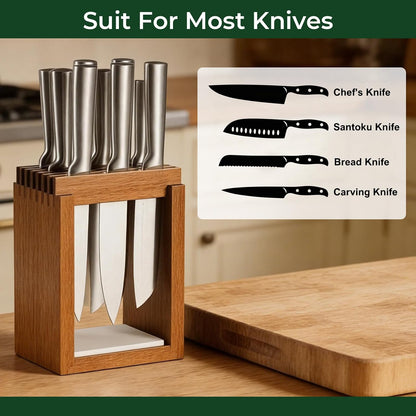 Universal Wood Knife Block Natural Acacia Wood Knife Holder for Kitchen Counter Large Capacity Slotted Storage for Chef Knives Space-Saving Modern Design Non-Slip Base Black