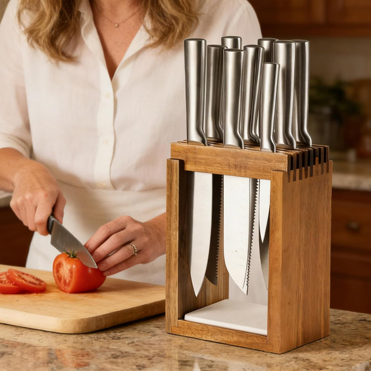 Universal Wood Knife Block Natural Acacia Wood Knife Holder for Kitchen Counter Large Capacity Slotted Storage for Chef Knives Space-Saving Modern Design Non-Slip Base Black