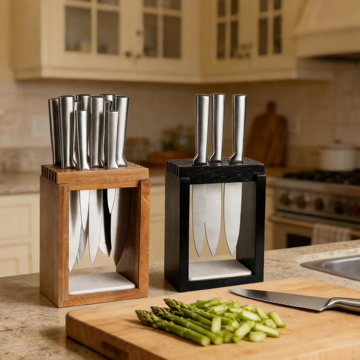 Universal Wood Knife Block Natural Acacia Wood Knife Holder for Kitchen Counter Large Capacity Slotted Storage for Chef Knives Space-Saving Modern Design Non-Slip Base Black