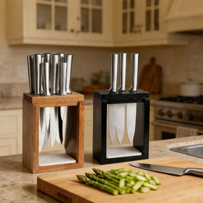 Universal Wood Knife Block Natural Acacia Wood Knife Holder for Kitchen Counter Large Capacity Slotted Storage for Chef Knives Space-Saving Modern Design Non-Slip Base Black